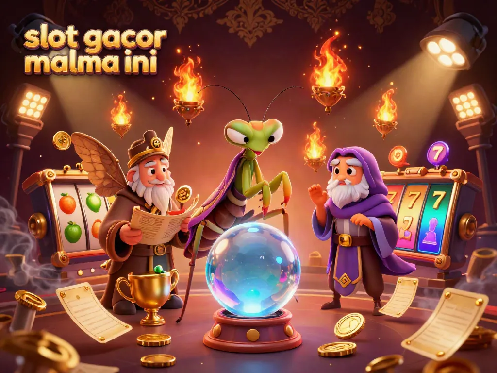 Experience the thrill of slot gacor malma ini with a mystical fortune teller and a wise moth librarian amidst floating casino elements.