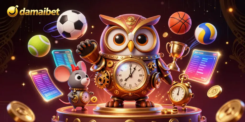 Experience the excitement of damaibet with a time-traveler owl in a vibrant casino scene.