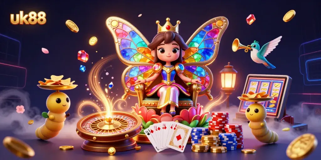 Experience thrilling moments at uk88 with a 3D butterfly queen amidst vibrant casino elements.