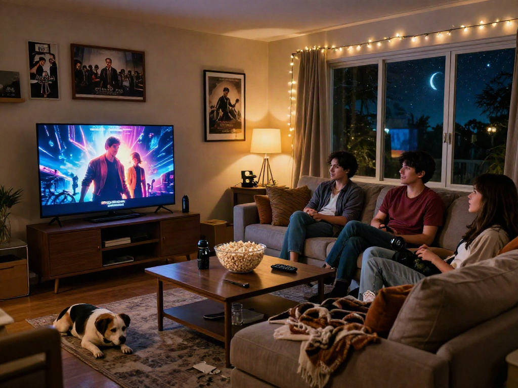 Friends enjoying a cozy movie night with Moviebox on screen and popcorn.