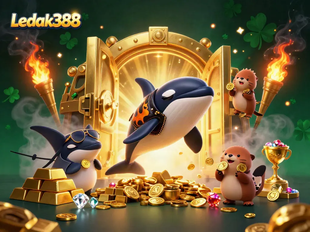 Experience thrilling action with Ledak388 as a cartoon orca jumps surrounded by treasures.