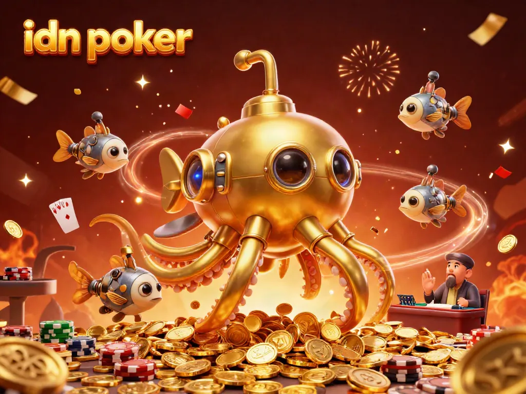 Win big at idn poker as a magical kraken and mechanical fish celebrate in a vibrant 3D casino.