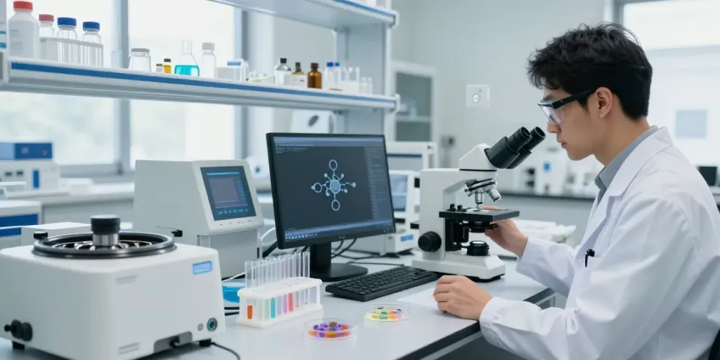 Scientist researching ac peptides in a modern lab environment with advanced equipment.