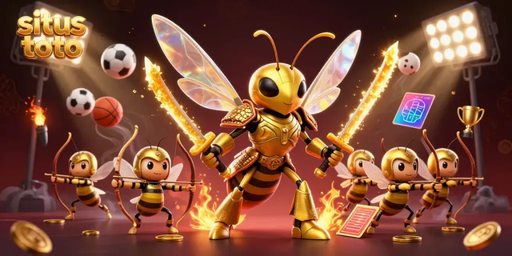Experience thrilling situs toto gameplay with an exciting 3D illustration of a golden hornet and bee archers.