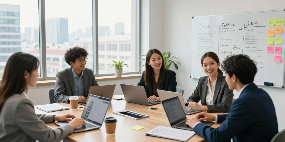 Vibrant modern office scene with job seekers actively engaging in their หางาน search.