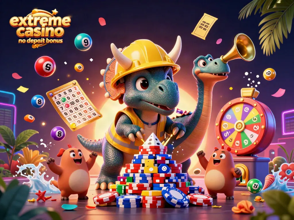 Experience the thrill of the extreme casino no deposit bonus with vibrant visuals of gaming characters and elements.