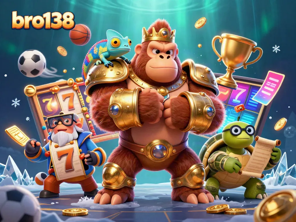 Experience the thrilling world of bro138 as a powerful gorilla king and companions engage in vibrant casino action.