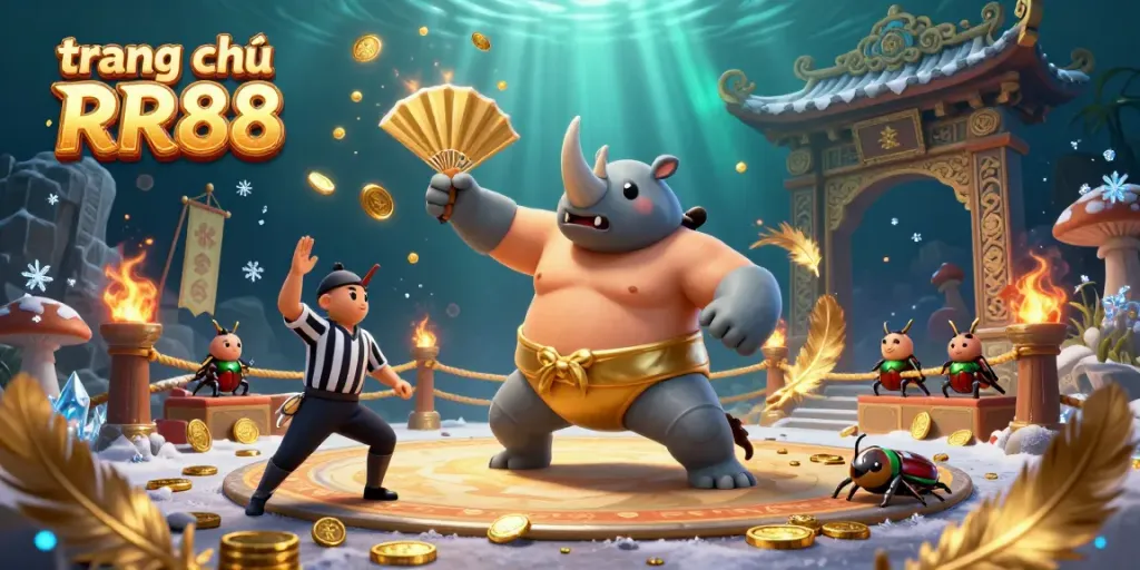 Engage with fantastic gaming on trang chủ RR88 featuring a dynamic illustrated scene of a sumo beetle champion.
