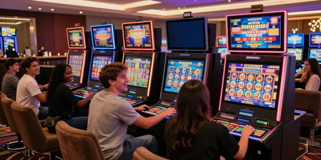 Players enjoying the thrill of toto slot online games in a luxurious casino setting, highlighting excitement and engagement.