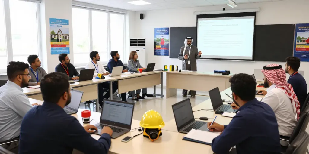 Training Institute Saudi Arabia workshop with diverse professionals engaging in health and safety training.