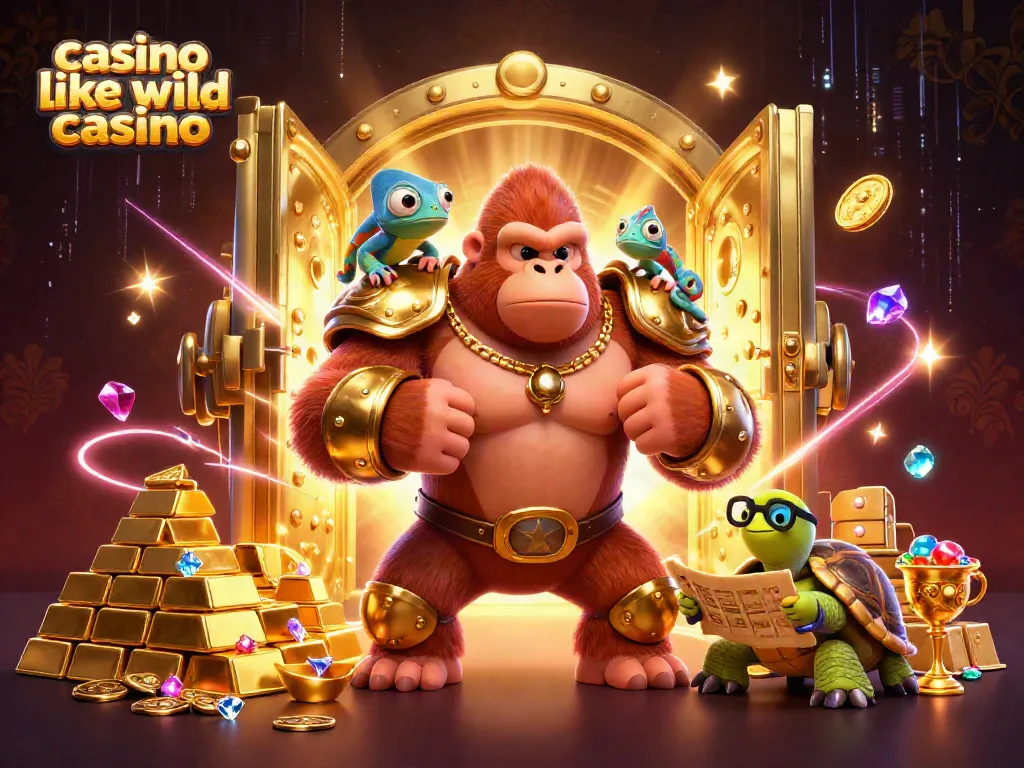 Engage with dynamic 3D scene featuring casino like wild casino's gorilla king and treasure elements.