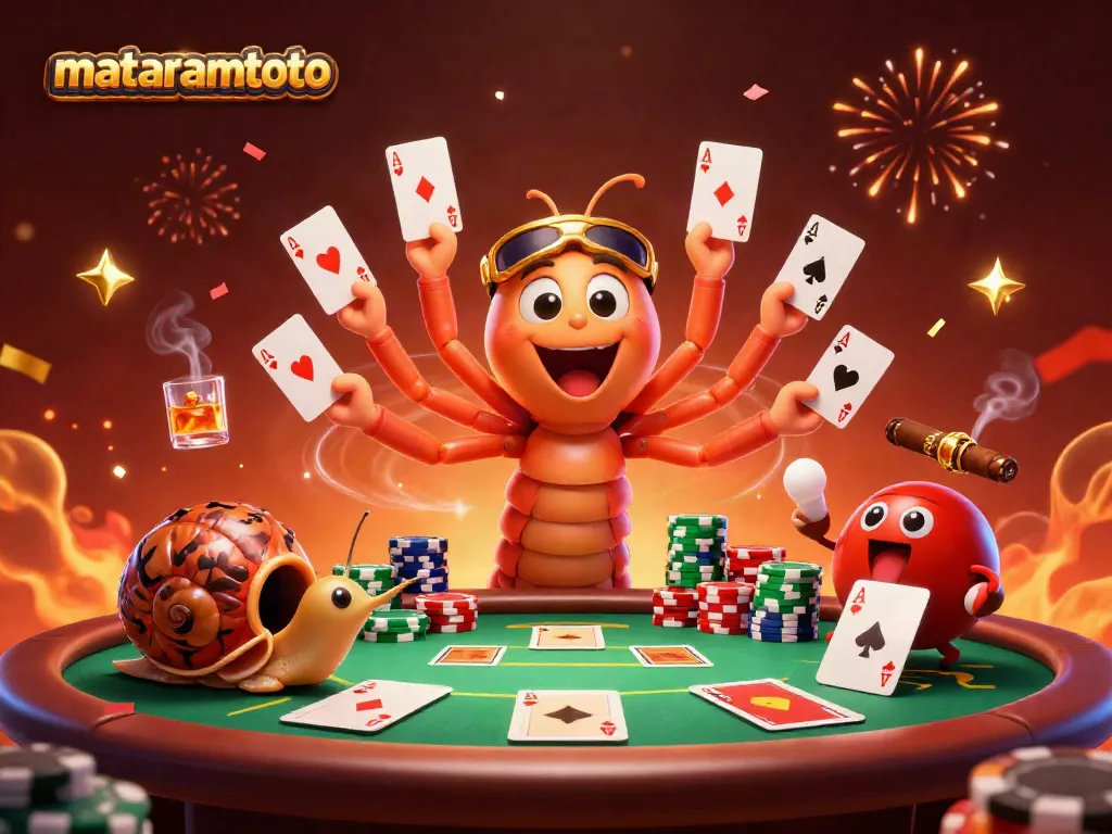 Experience excitement with mataramtoto in a vibrant 3D illustration of a casino scene featuring a millipede dealer and high-roller characters.