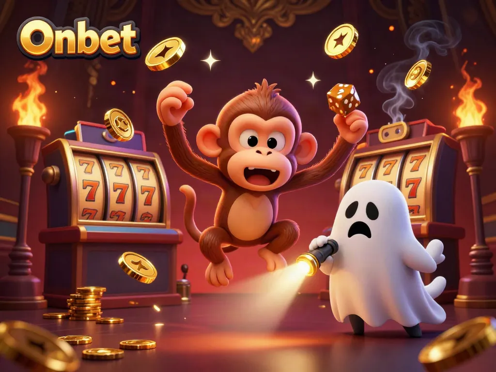 Onbet casino's engaging scene of a mischievous monkey juggling gold while a puppy hunts for treasures.