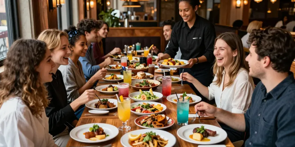 Suasana makan yang meriah di https://thekegroomnyc.com/ dengan hidangan lezat dan teman-teman.