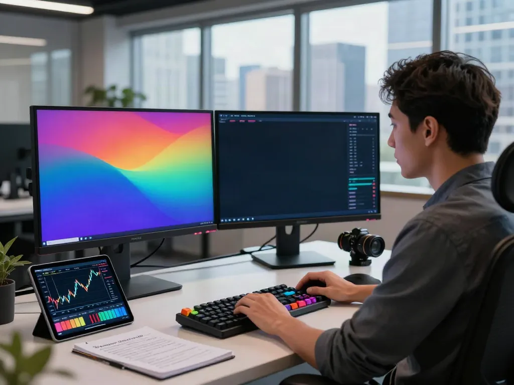 Trader using TradingView in a modern workspace with dual monitors and financial charts.