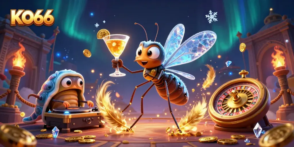 Experience the exciting atmosphere of KO66 with a frozen mosquito mascot and more in a vibrant casino setting.