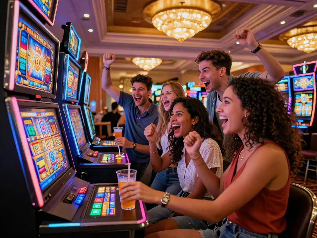 Exciting group playing สล็อต at a vibrant casino, conveying joy and camaraderie.