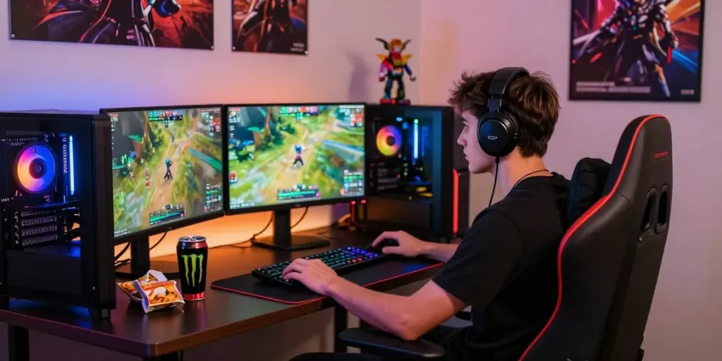 Engaged gamer at a high-tech setup enjoying qqmacan online adventures with monitors and snacks.