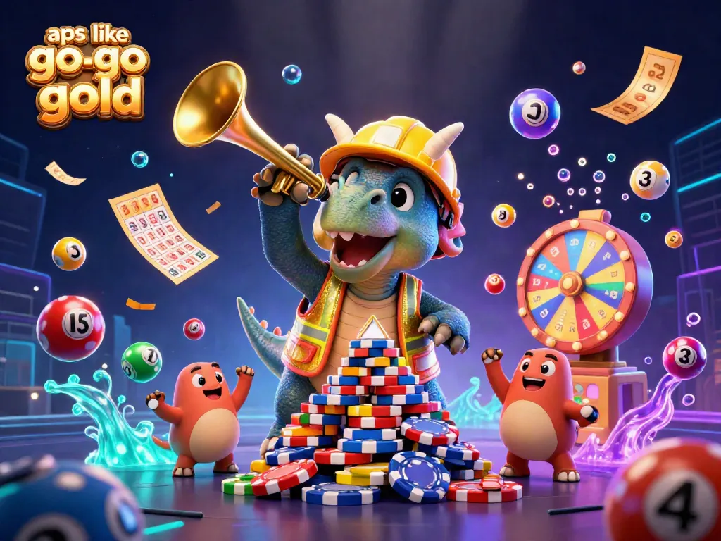 Play exciting games like Go Go Gold with a triceratops and colorful casino elements celebrating winnings.