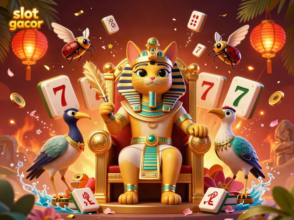 Experience the excitement of slot gacor with a vibrant 3D illustration featuring a pharaoh cat and interactive elements.