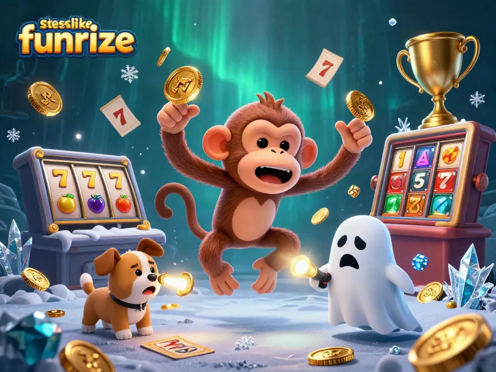 Track the fun at sites like Funrize with a playful ghost-hunter puppy following a mischievous monkey in a casino.