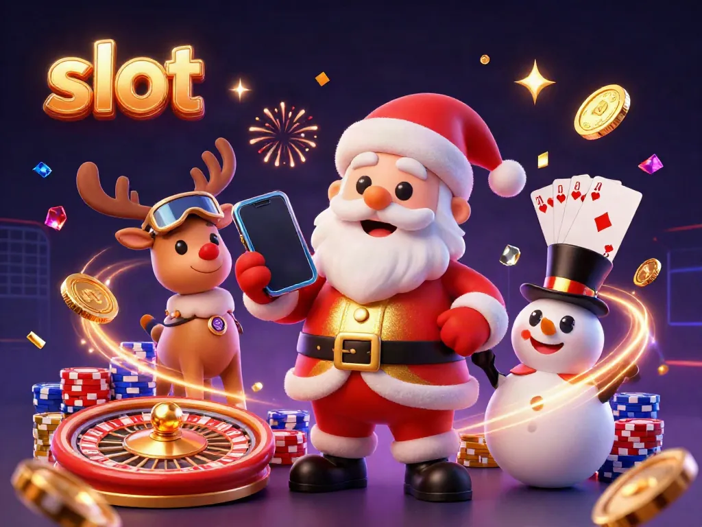 Permainan slot yang meriah bersama Santa Claus dan teman-temannya di kasino, dikelilingi koin emas dan chip poker.