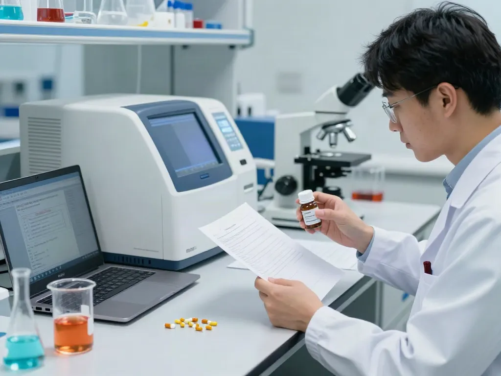 GHK-Cu capsules showcased in a research lab with a scientist reviewing analysis.