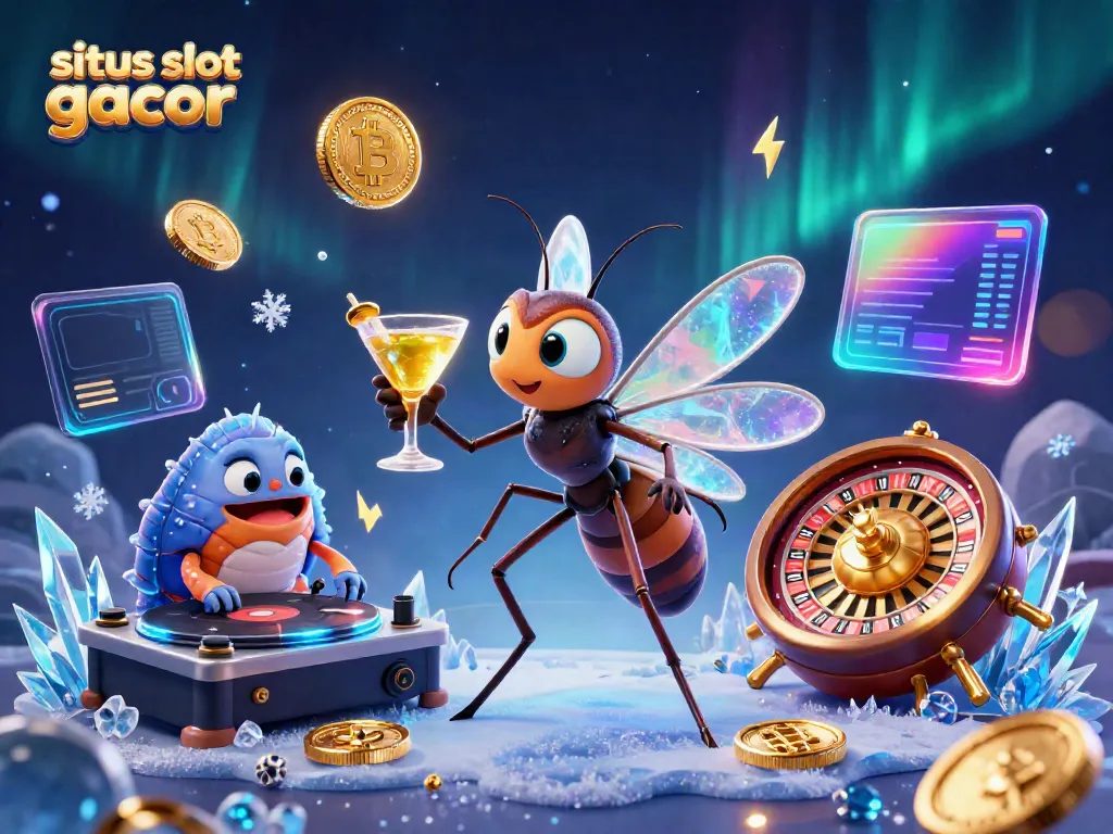 Ilustrasi 3D situs slot gacor dengan karakter kasino menarik dan elemen permainan menawan.