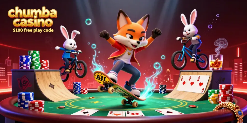 Engage with the chumba casino $100 free play code in a dynamic 3D cartoon scene of a fox skateboarder and BMX rabbit in a casino setting.