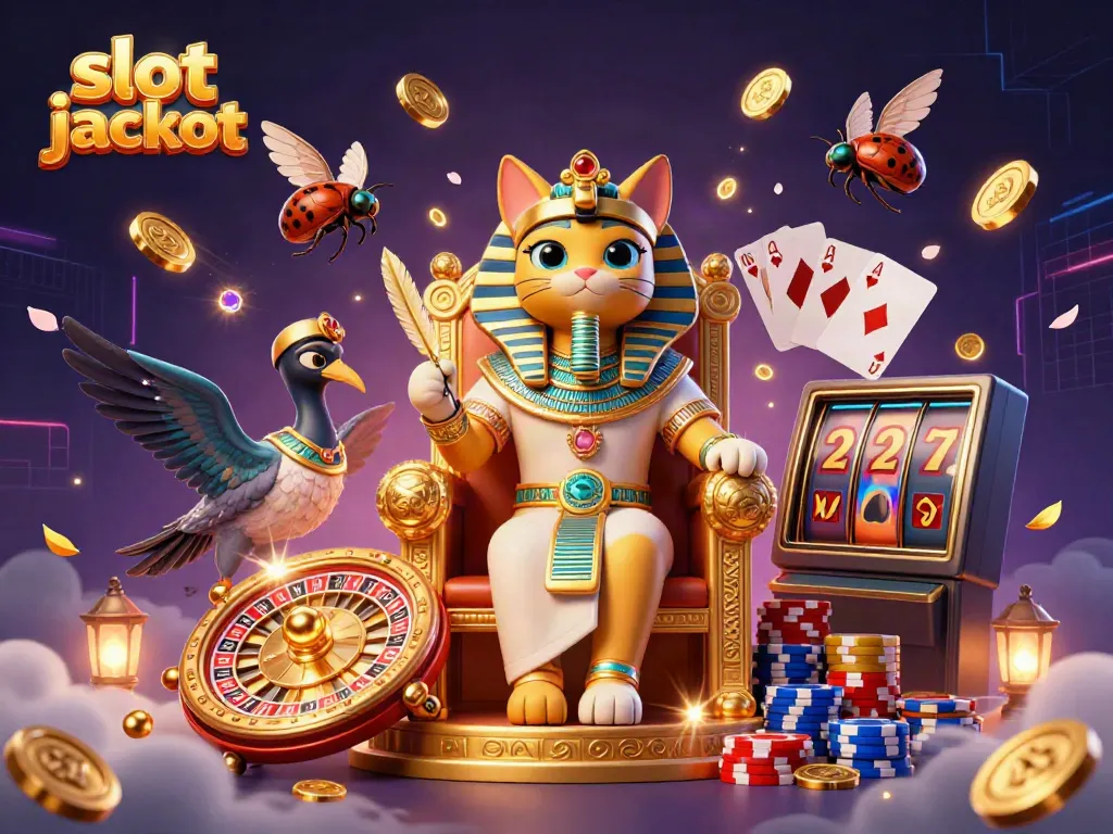 Experience the excitement of slot jackpots with a 3D pharaoh cat and casino elements in a vibrant scene.