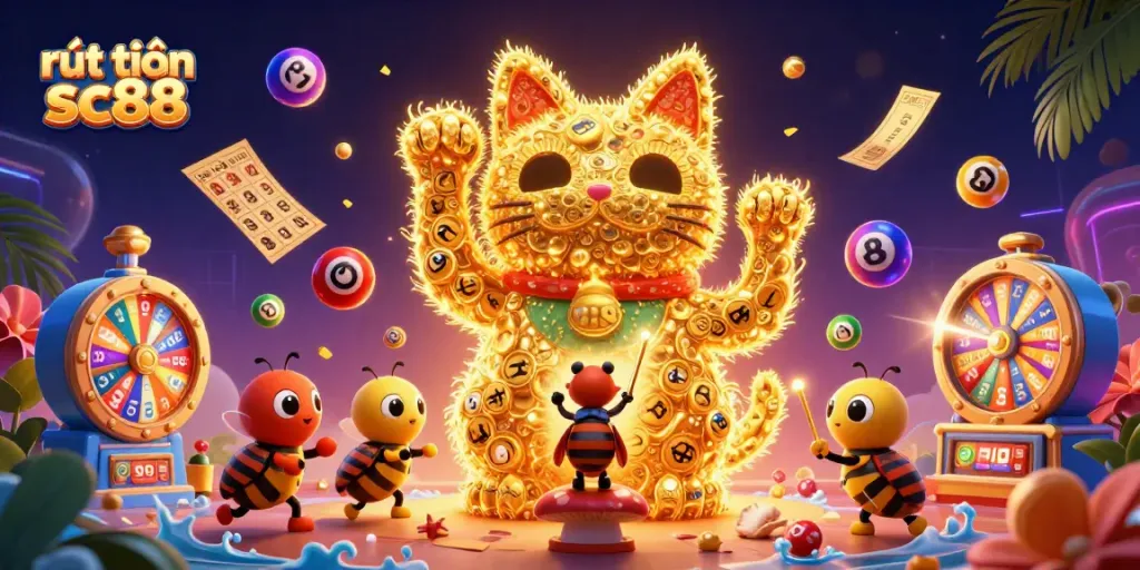 Engage in rút tiền sc88 with this vibrant illustration of a lucky cat controlled by a golden beetle amidst casino symbols.