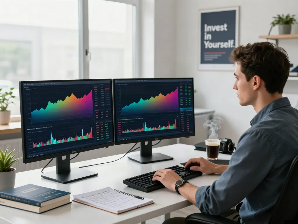 Focused trader at a sleek desk analyzing stock charts on tradingview官网 with multiple monitors in a modern workspace.