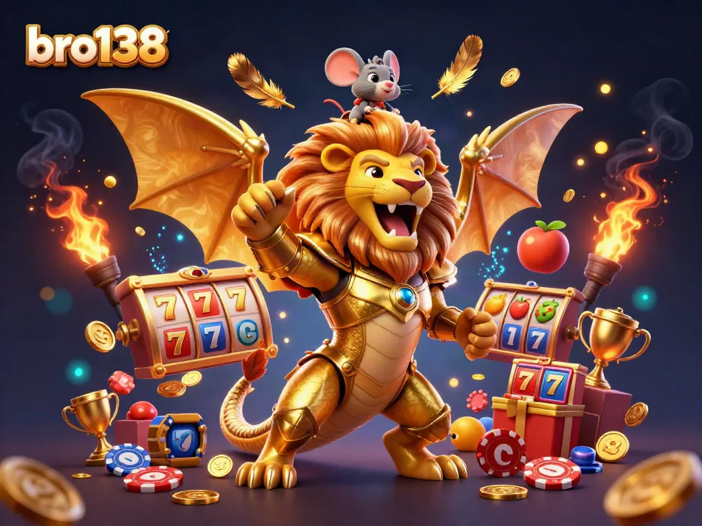 Experience thrilling gameplay at bro138 with a majestic chimera celebrating a big win amidst vibrant casino elements.