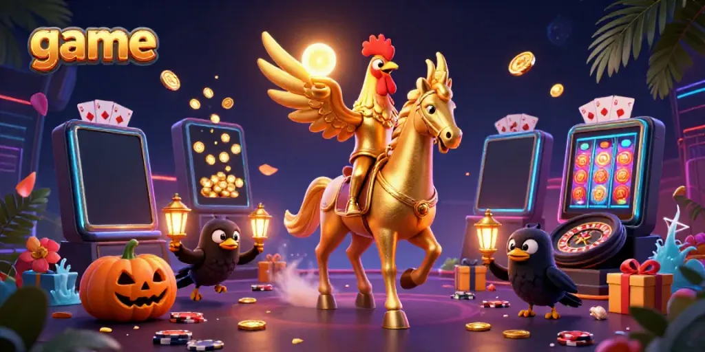 Experience exhilarating moments with a golden rooster and surreal casino characters in this dynamic game-themed illustration.