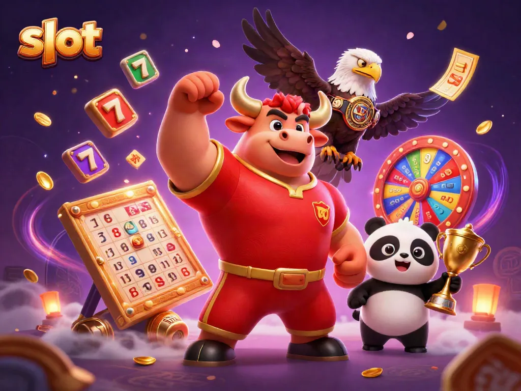 Menang di slot dengan simbol jackpot dan karakter bermain di lingkungan meriah.