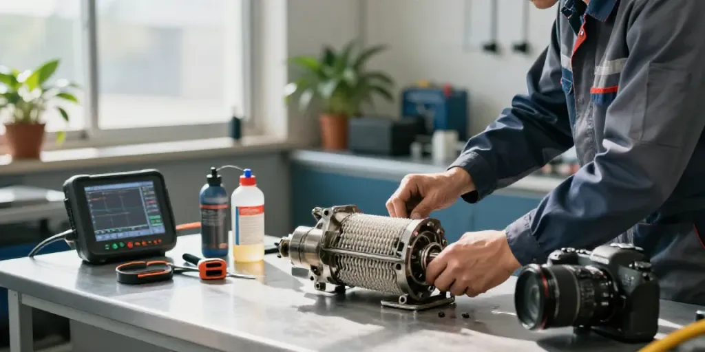 DPF reinigen process in automotive workshop, technician inspecting filter amidst tools