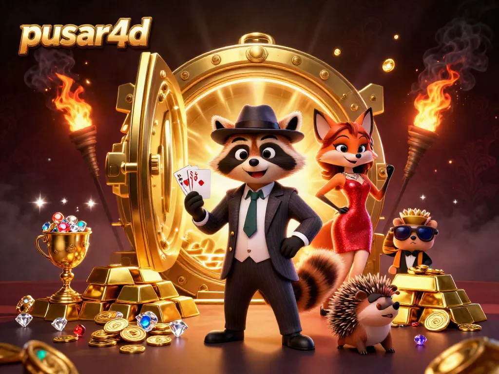 Experience exciting slots at pusar4d featuring a charismatic raccoon and fox in a glamorous casino scene.