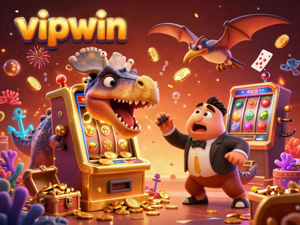 Experience the vipwin thrill as a pachycephalosaurus hits a jackpot slot, with dazzling coins and vibrant casino elements.