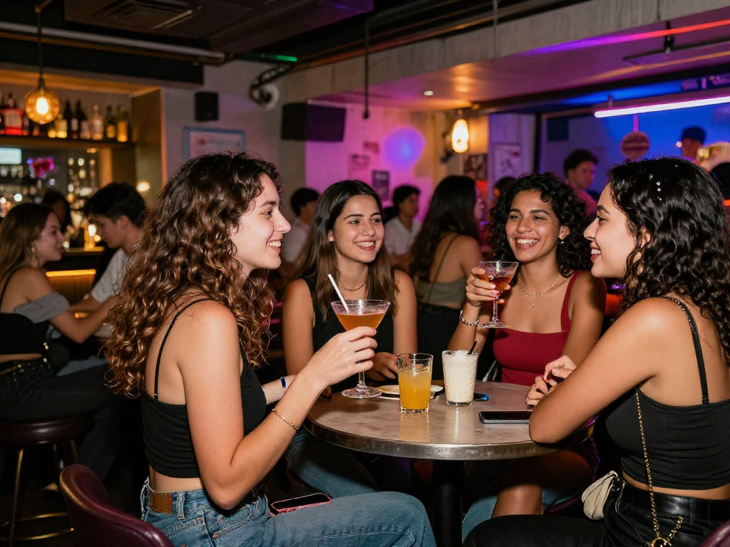 Gái gọi trong không gian quán bar sôi động, bạn bè vui vẻ, ánh đèn neon hấp dẫn.