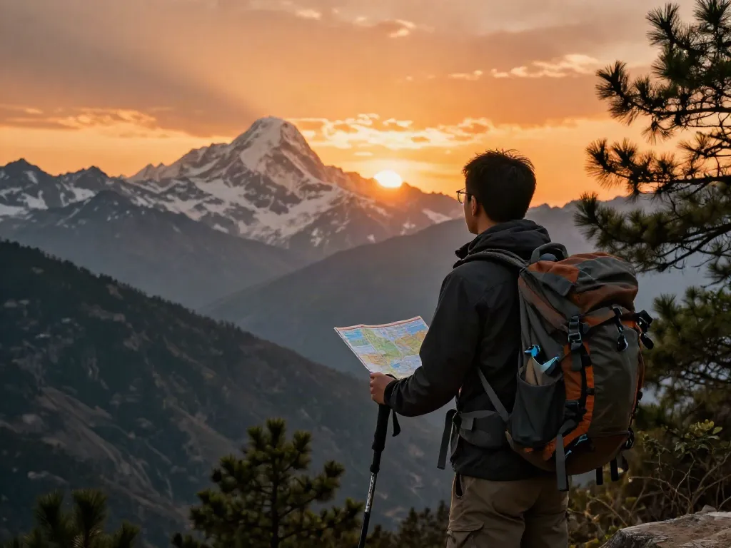 Traveler overlooking the stunning Manaslu Circuit landscape at sunset, capturing the spirit of adventure.