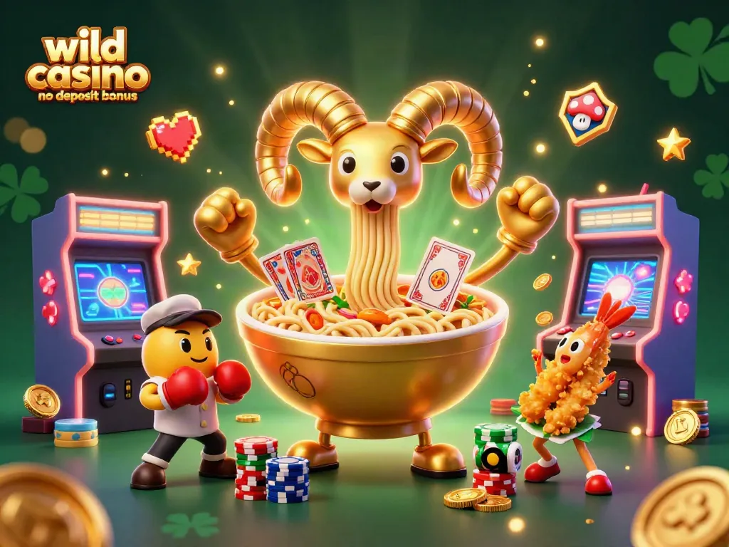 Engage with the wild casino no deposit bonus scene, featuring a giant ramen bowl dealing cards while coins and gaming elements surround.