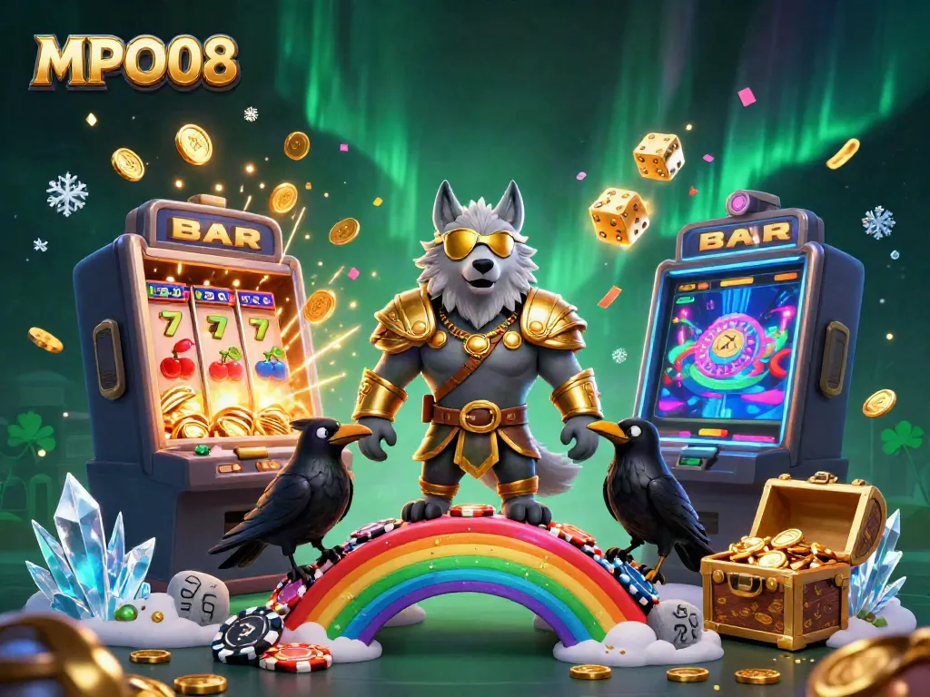 MPO08 showcases a vibrant 3D scene with Odin, a wolf, and ravens amidst a jackpot explosion in a colorful casino.