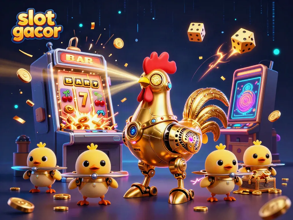 Experience slot gacor with a dynamic 3D illustration of a golden rooster robot and baby chick drones amidst a jackpot, showcasing vibrant casino themes.