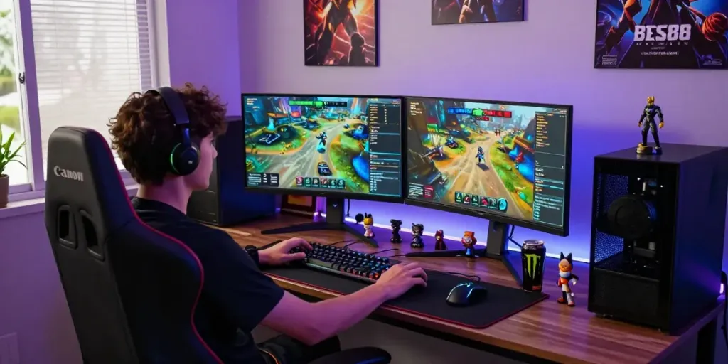 Gamer engaged with Bos88 game on high-tech setup, showcasing vibrant graphics and gaming peripherals.