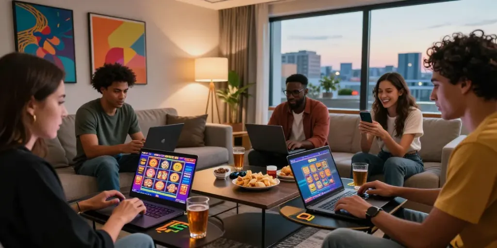 Friends enjoying bigdewa online games together in a vibrant living room.