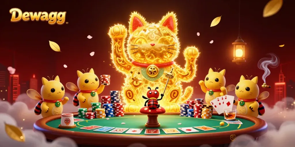 Dewagg showcases a vibrant lucky cat formed by golden fireflies amidst dynamic casino elements.