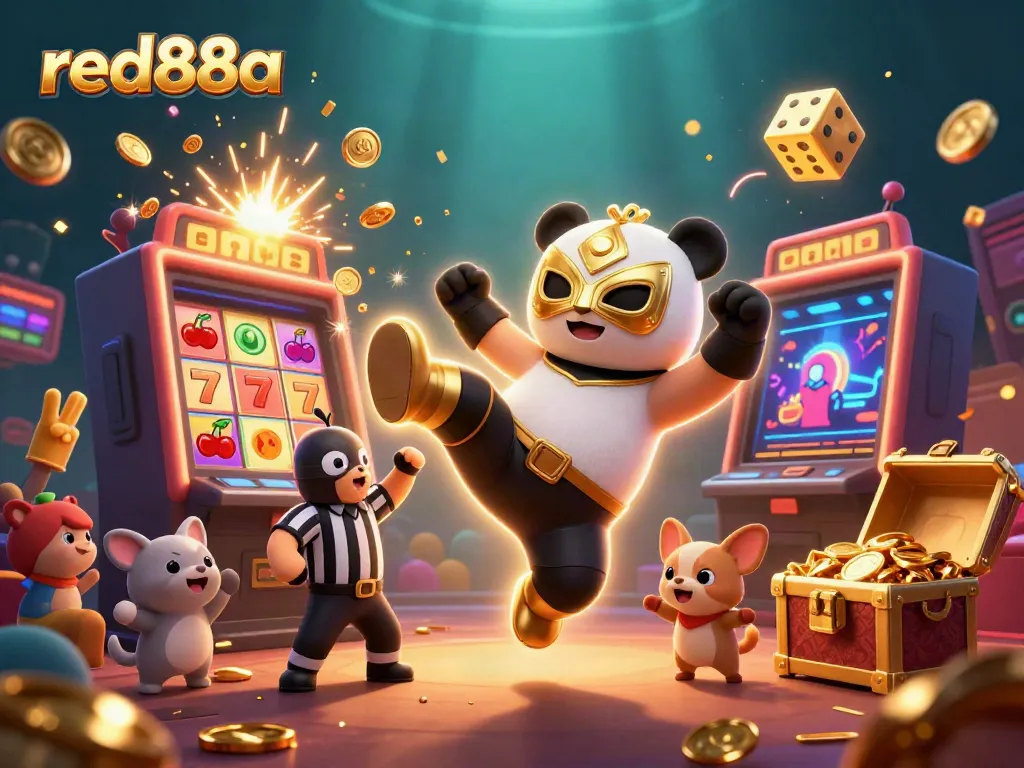 Join the excitement of red88a casino with a lively 3D scene featuring a panda wrestler and animal fans amidst a jackpot explosion.