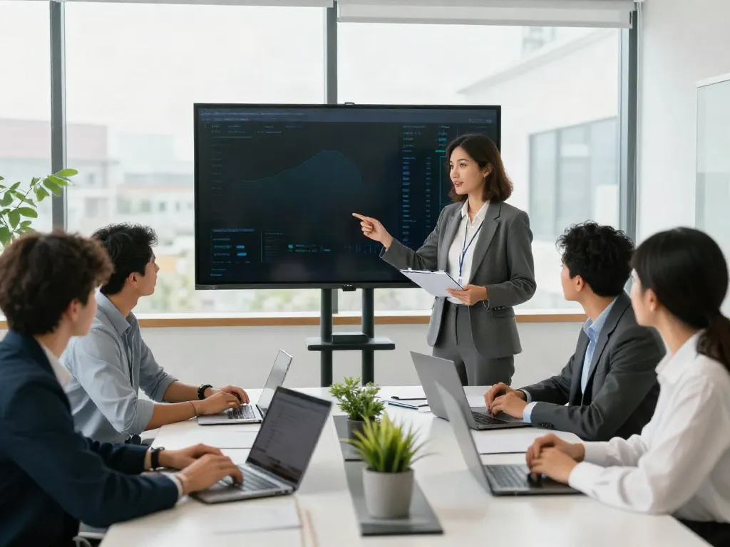 A business team has a peek here at analytics while collaborating in a modern office.