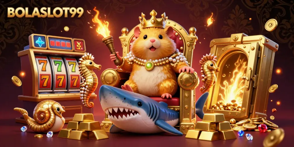 BOLASLOT99 showcases a vibrant casino scene with a hamster king on a throne, adorned with slot reels and gold treasures.