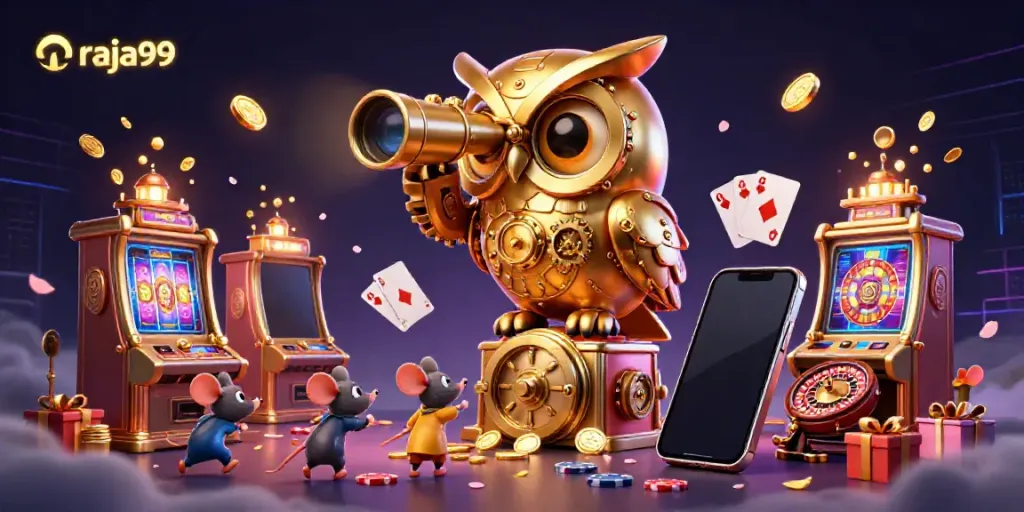 Experience the thrilling casino atmosphere with raja99's vibrant spinning slot machines and animated characters.